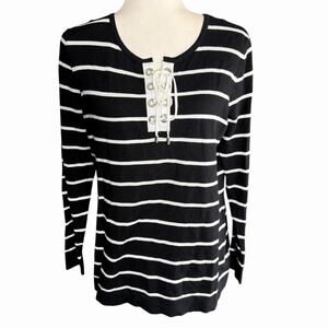 Calvin Klein Women's Top Lace Front Striped Black White Coastal Prep M Sailor